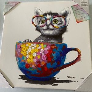 Cat painting. Hobby lobby wall decor.  Bright cute cat w/ glasses painting. NWT.